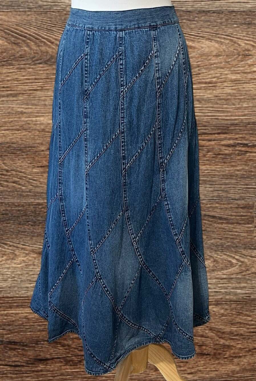 Vtg Studio West Denim Midi Skirt Women M Blue Patchwork Y2K A-Line Boho Western